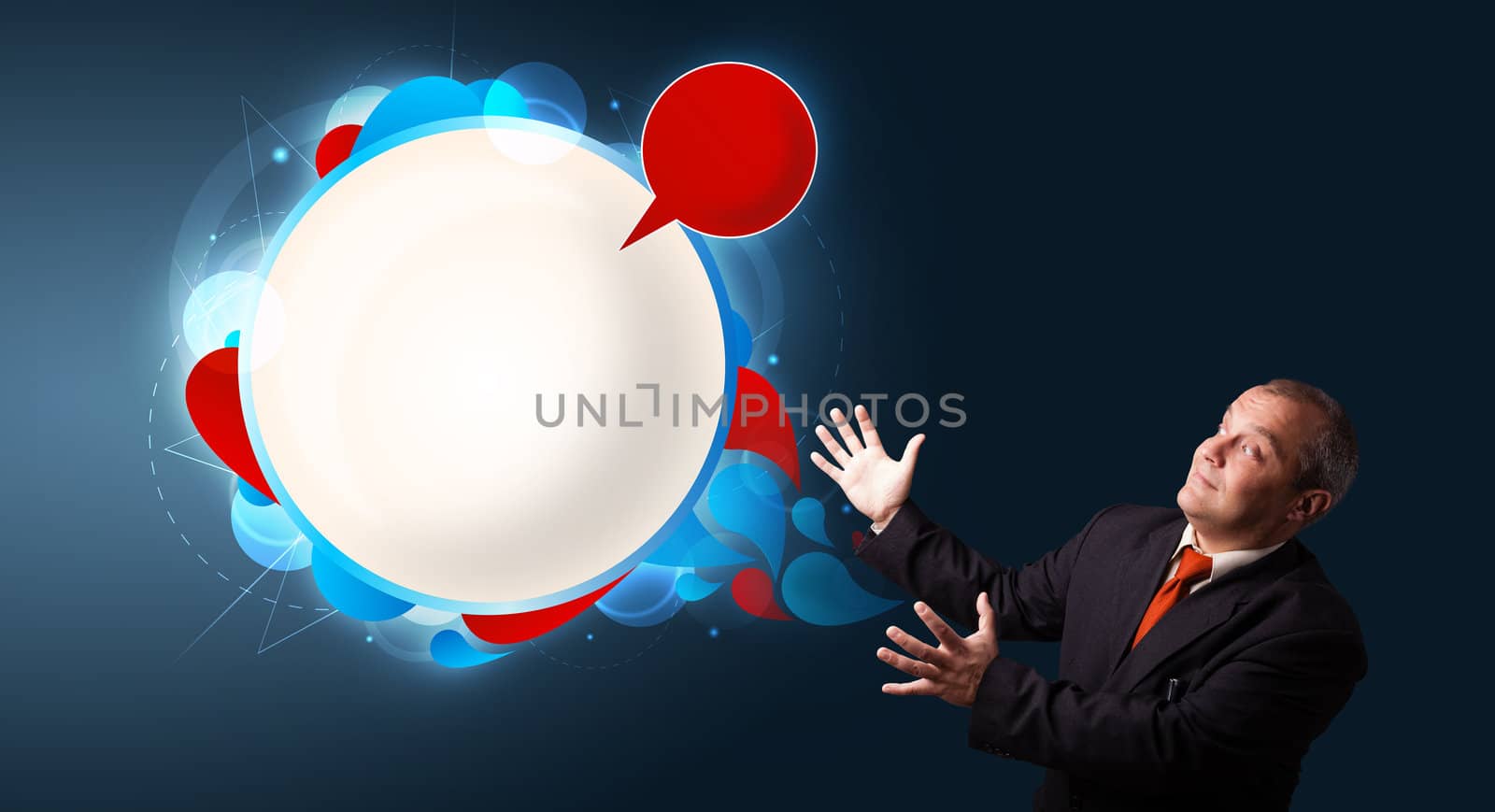 businessman in suit presenting abstract modern copy space