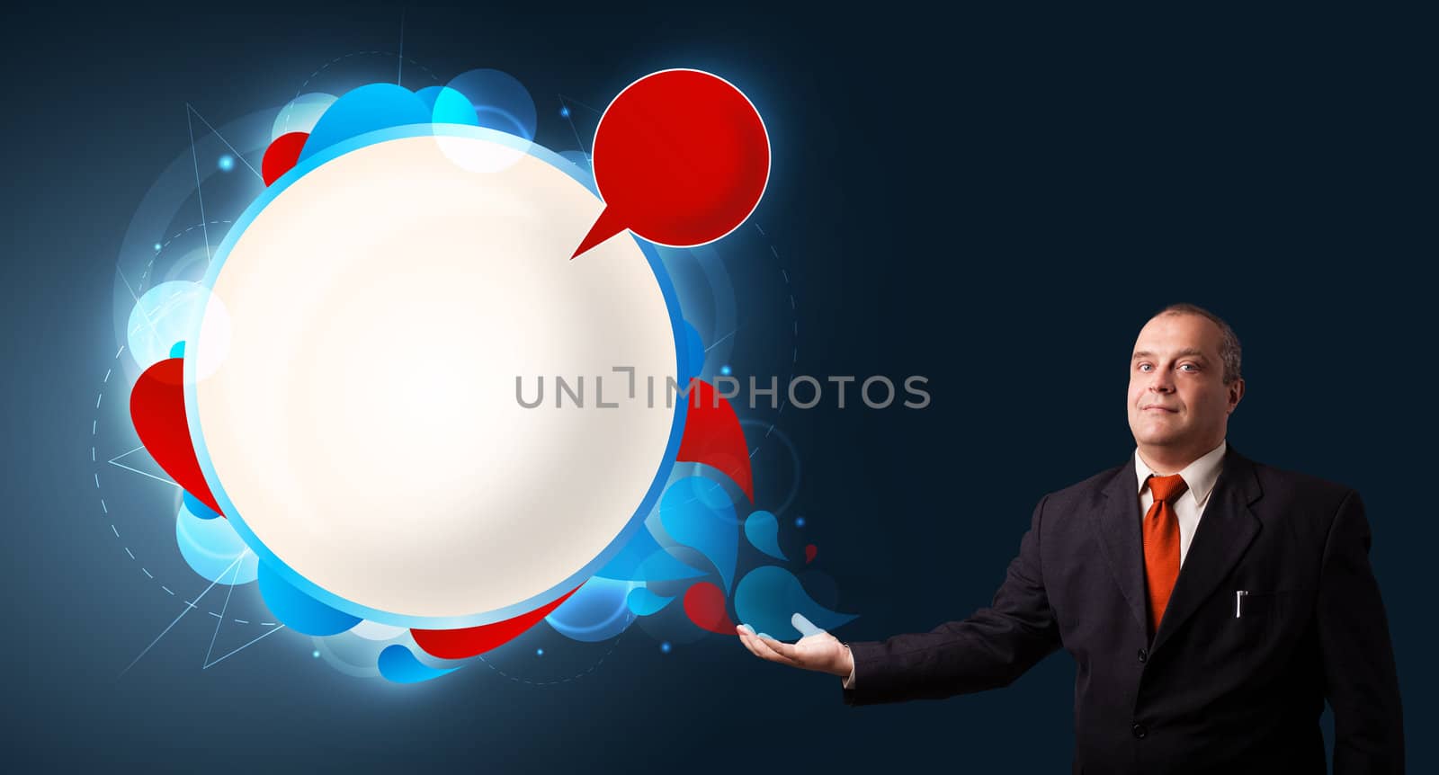 businessman in suit presenting abstract modern copy space