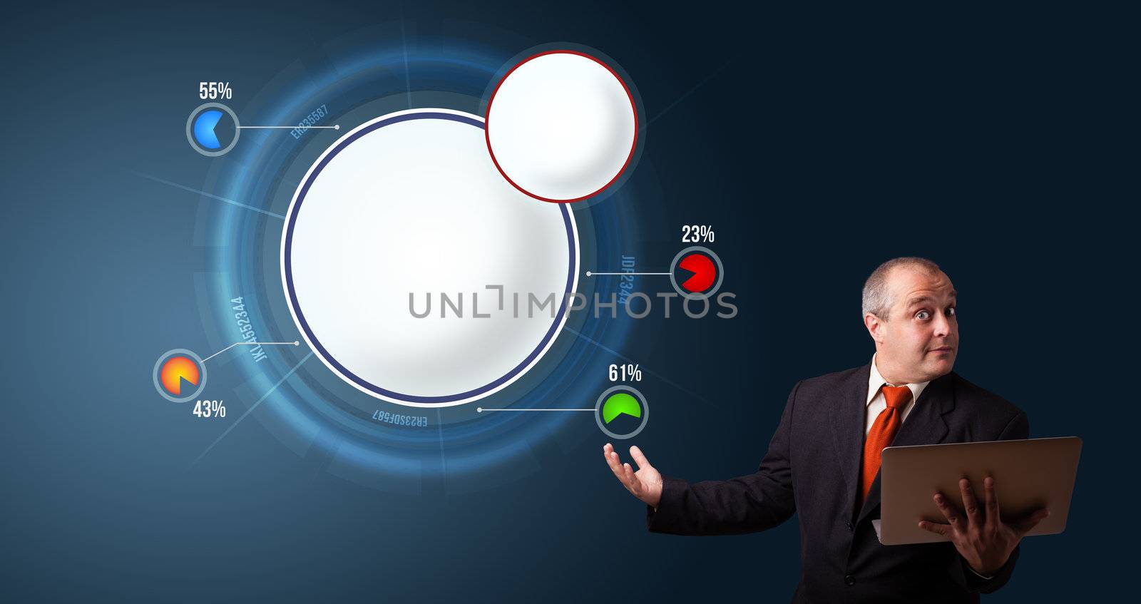 businessman in suit holding a laptop and presenting abstract modern pie chart with copy space