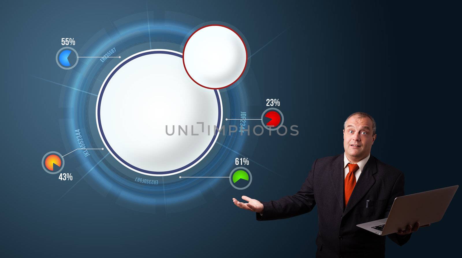 businessman in suit holding a laptop and presenting abstract modern pie chart with copy space