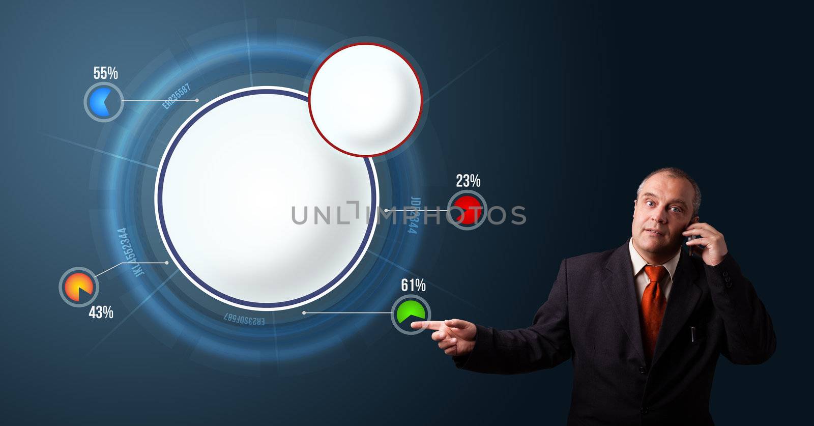 Businessman in suit making phone call and presenting abstract modern pie chart with copy space