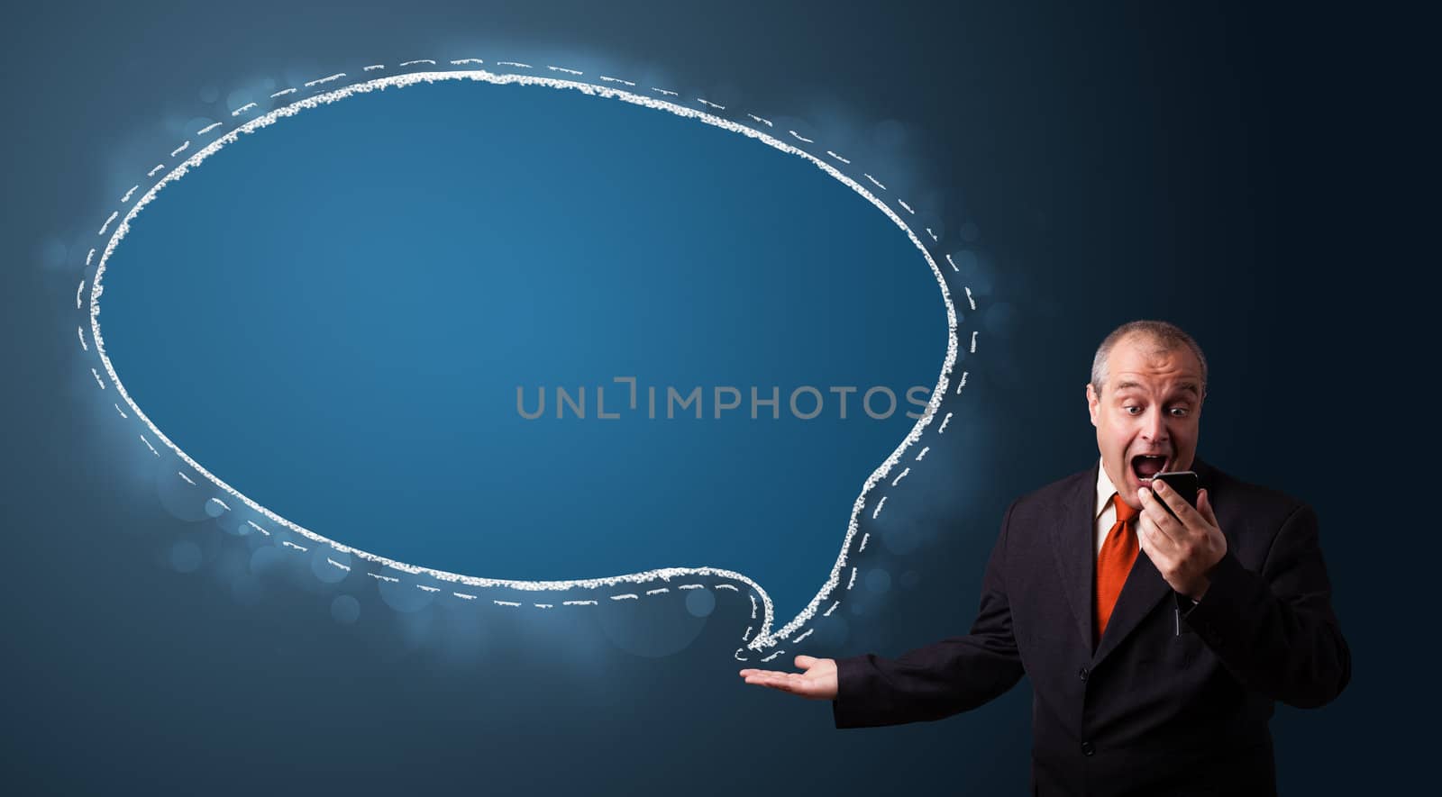 funny businessman holding a phone and presenting speech bubble c by ra2studio