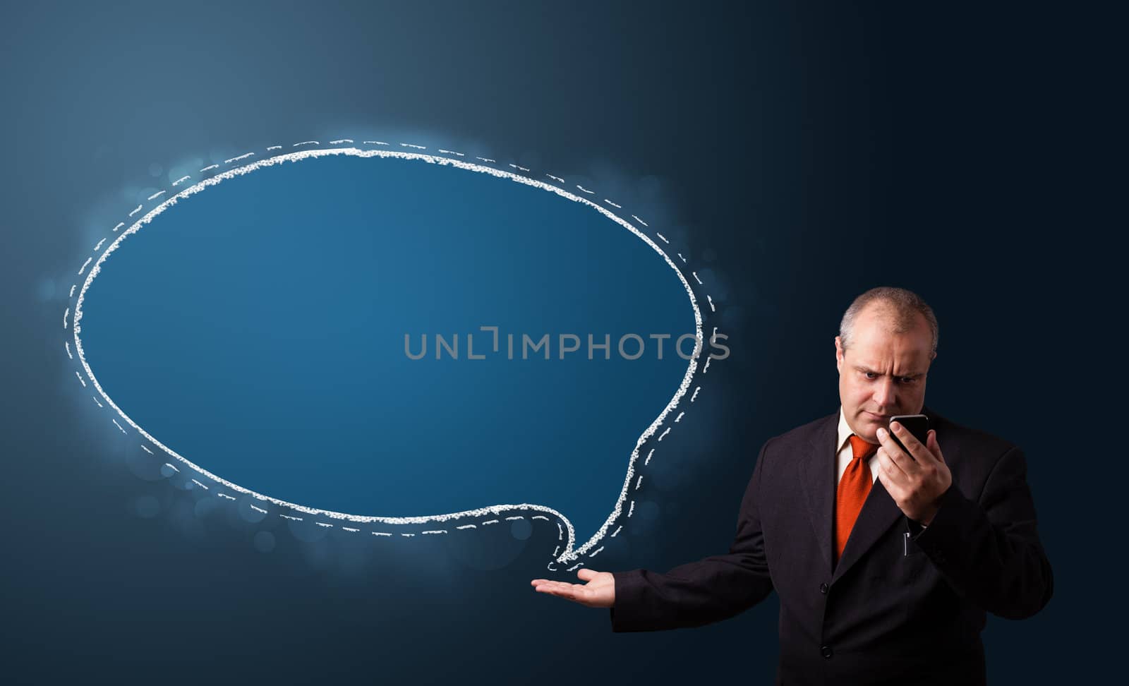 funny businessman holding a phone and presenting speech bubble c by ra2studio