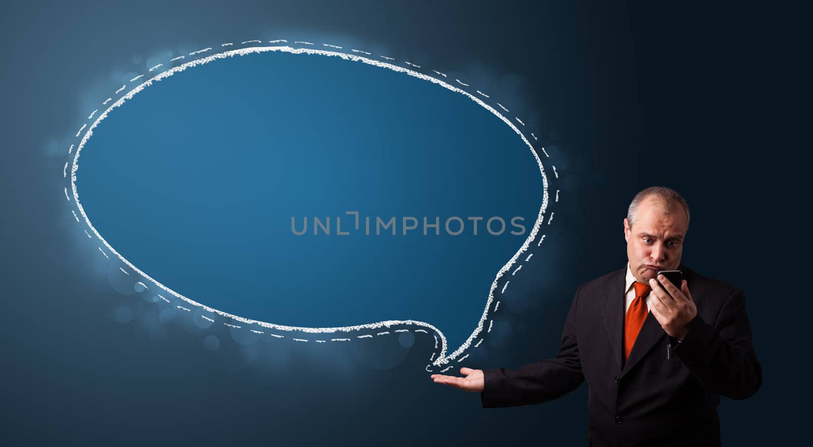 funny businessman holding a phone and presenting speech bubble c by ra2studio