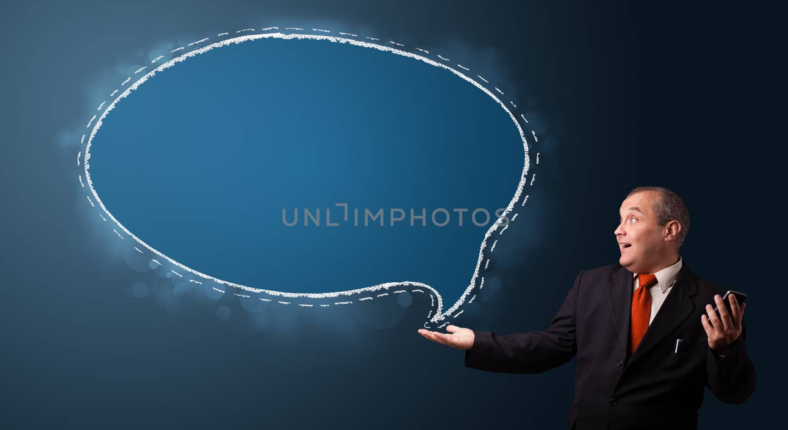 funny businessman holding a phone and presenting speech bubble c by ra2studio