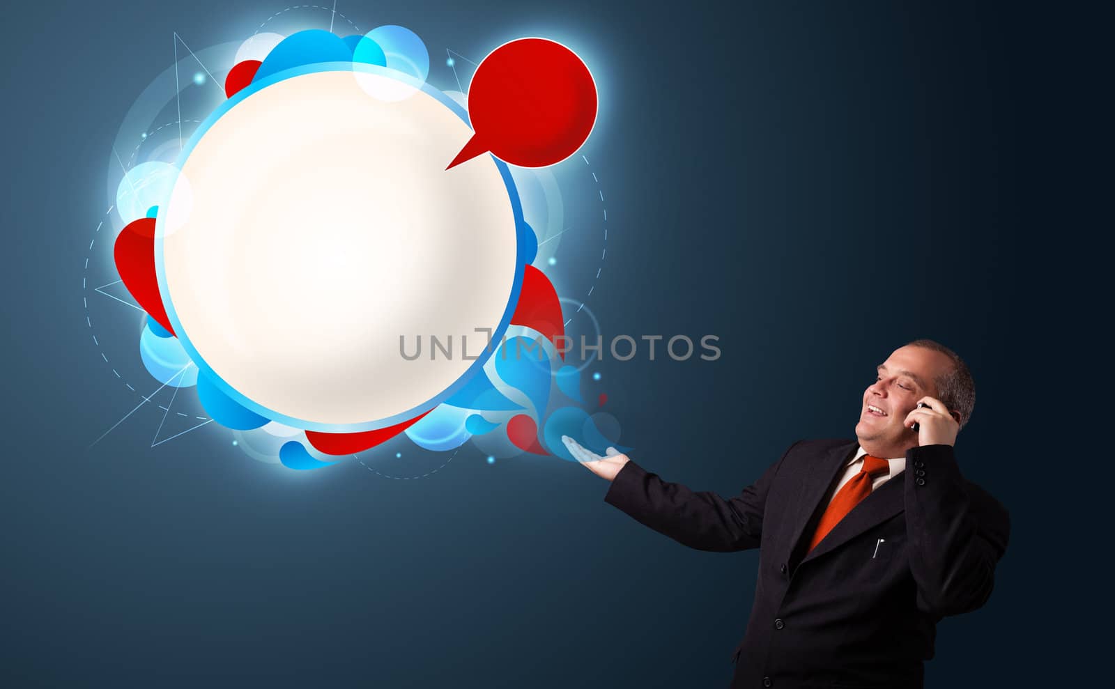 businessman in suit making phone call and presenting abstract modern speech bubble with copy space