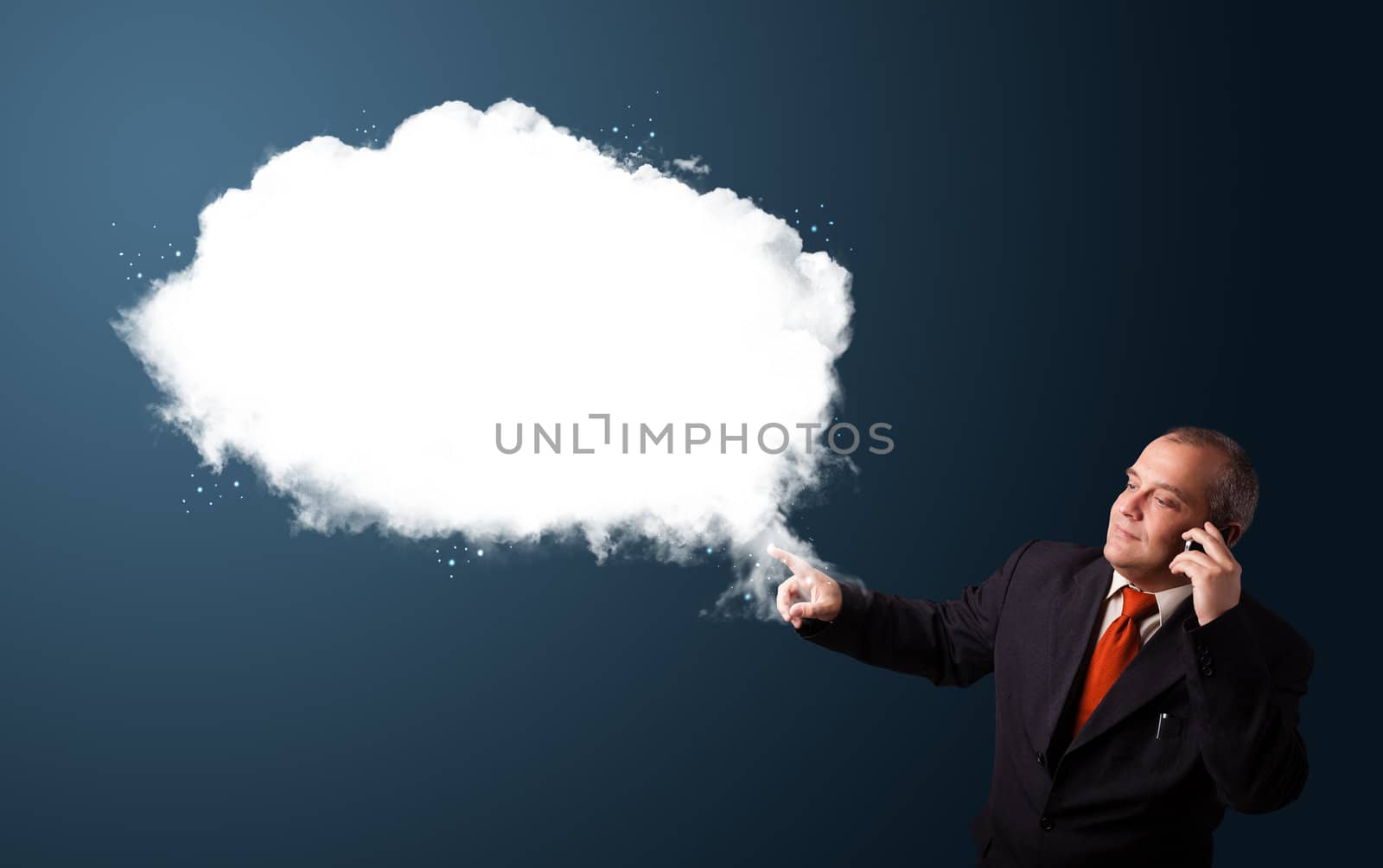 Businessman in suit making phone call and presenting abstract cloud copy space
