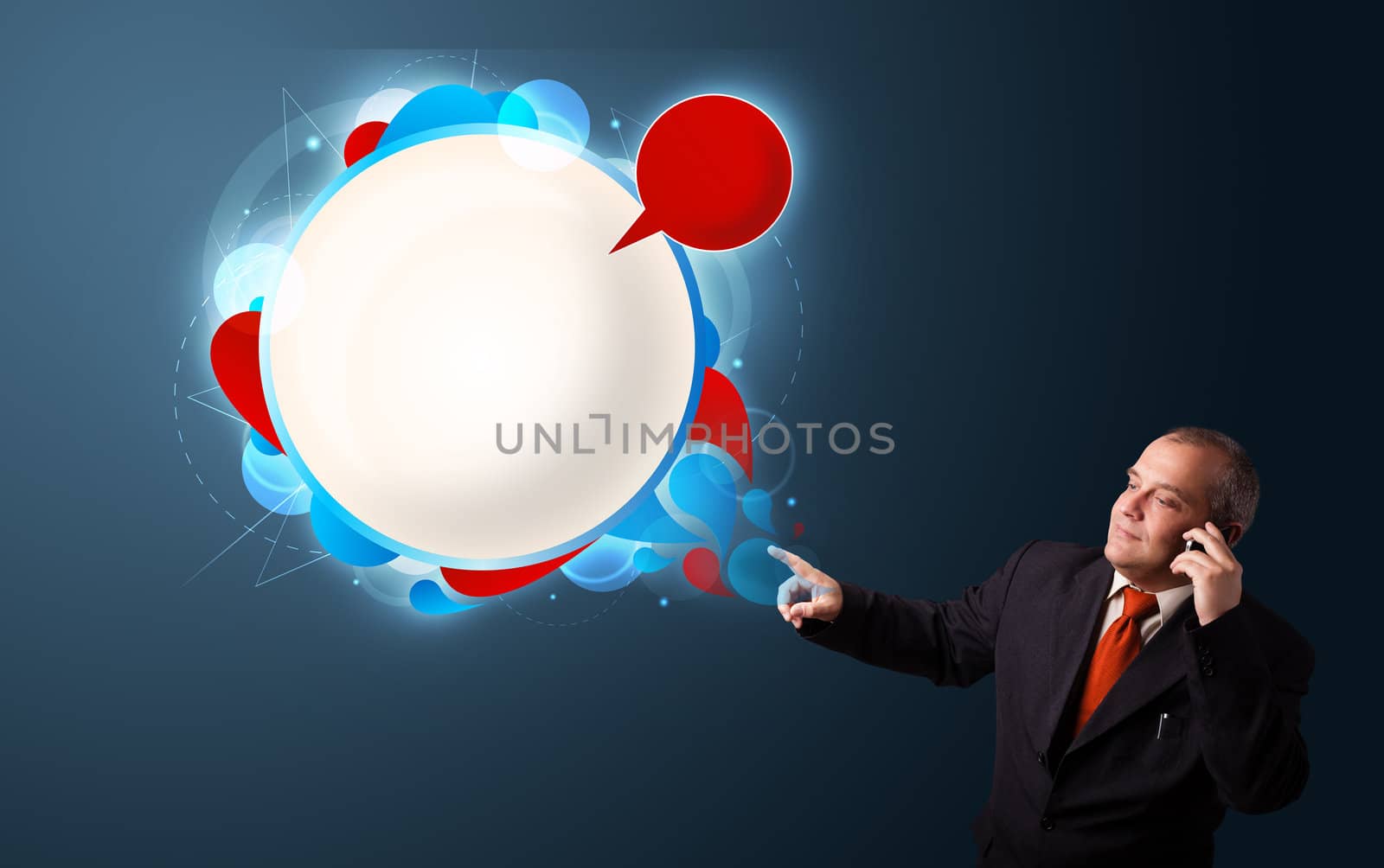 businessman in suit making phone call and presenting abstract modern speech bubble with copy space