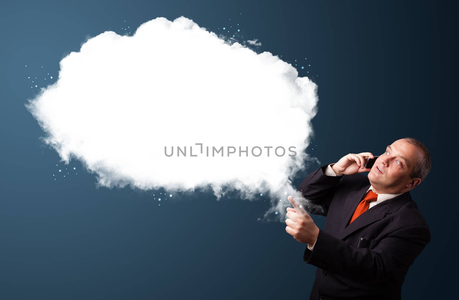 Businessman in suit making phone call and presenting abstract cloud copy space