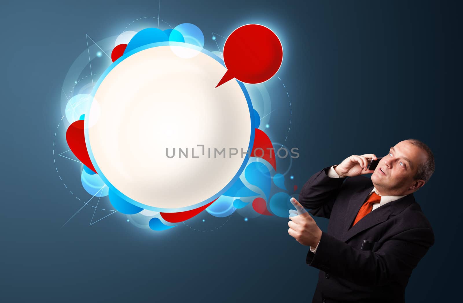 businessman in suit making phone call and presenting abstract modern speech bubble with copy space