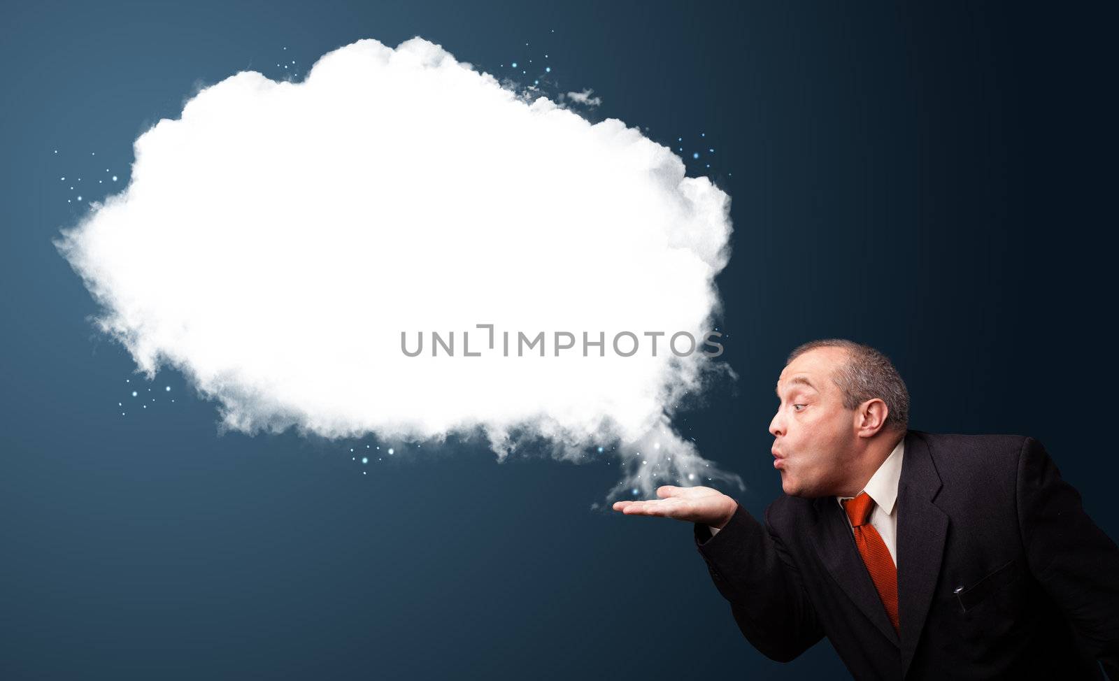 Crazy businessman in suit presenting abstract cloud copy space