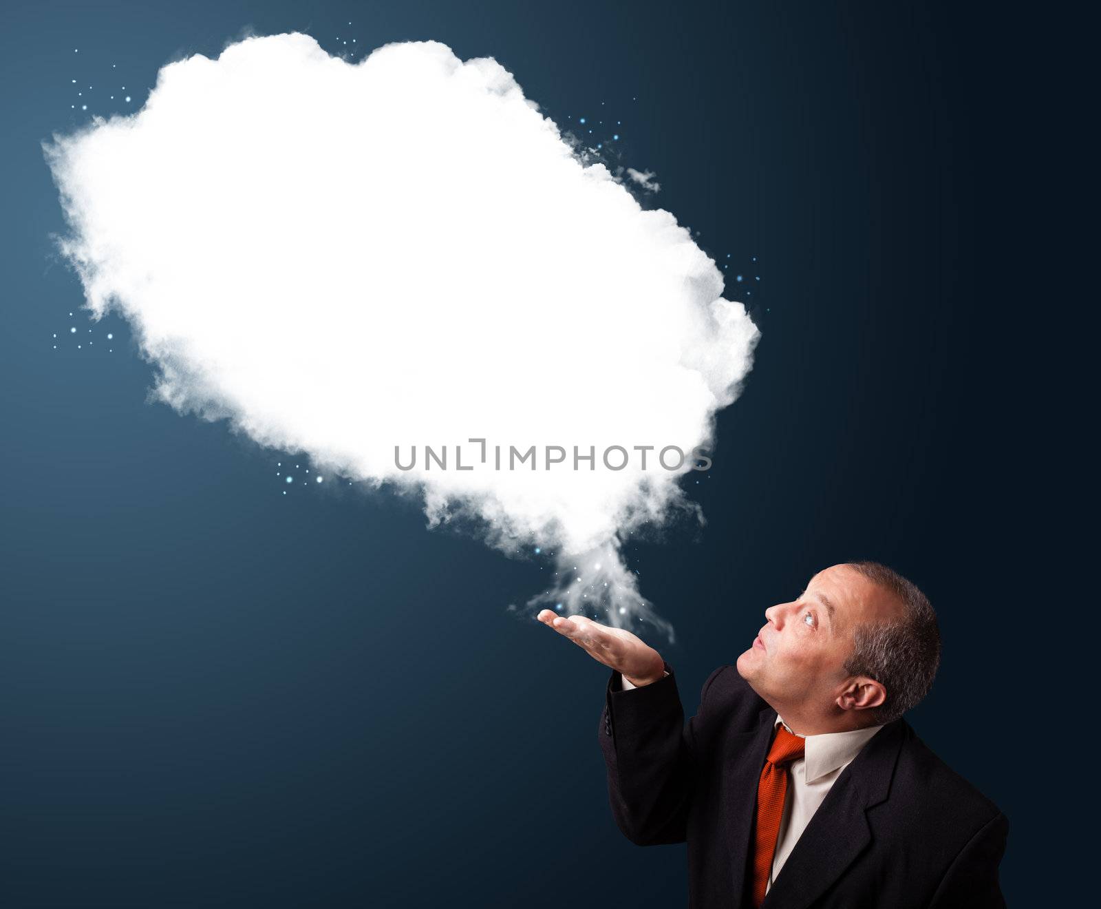 Crazy businessman in suit presenting abstract cloud copy space