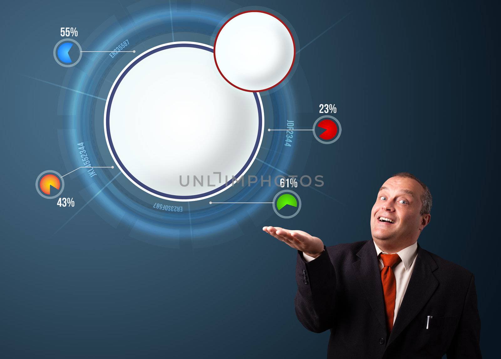 funny businessman in suit presenting abstract modern pie chart with copy space