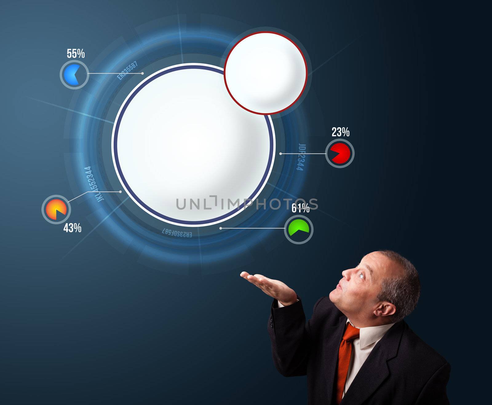 funny businessman in suit presenting abstract modern pie chart with copy space