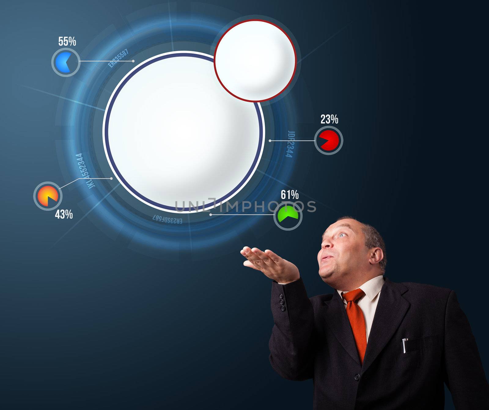 funny businessman in suit presenting abstract modern pie chart with copy space