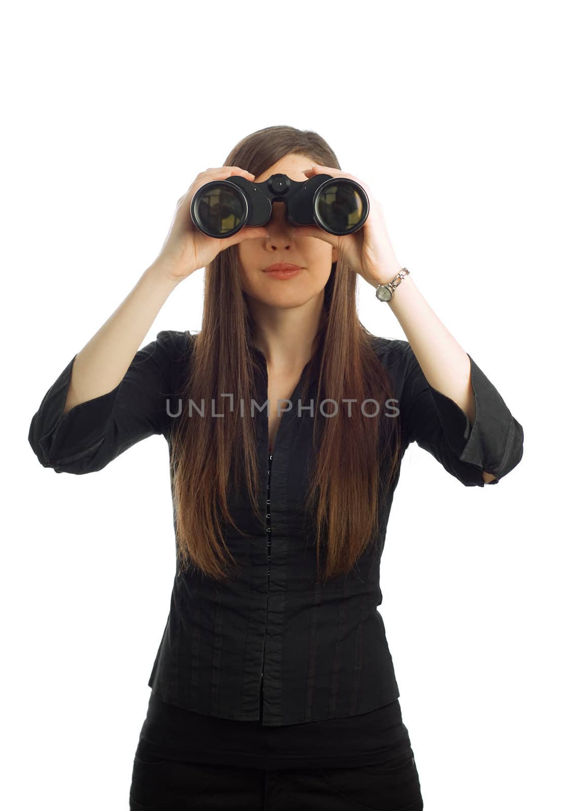 Business woman with binoculars by alistaircotton