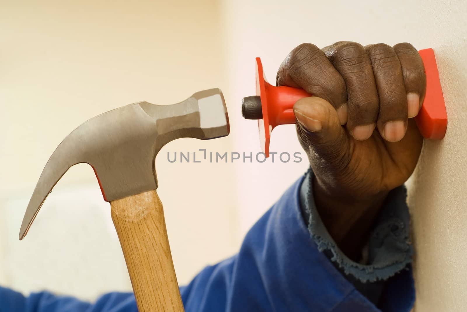 African American Construction Worker, Handyman, Holding Hammer, In Motion