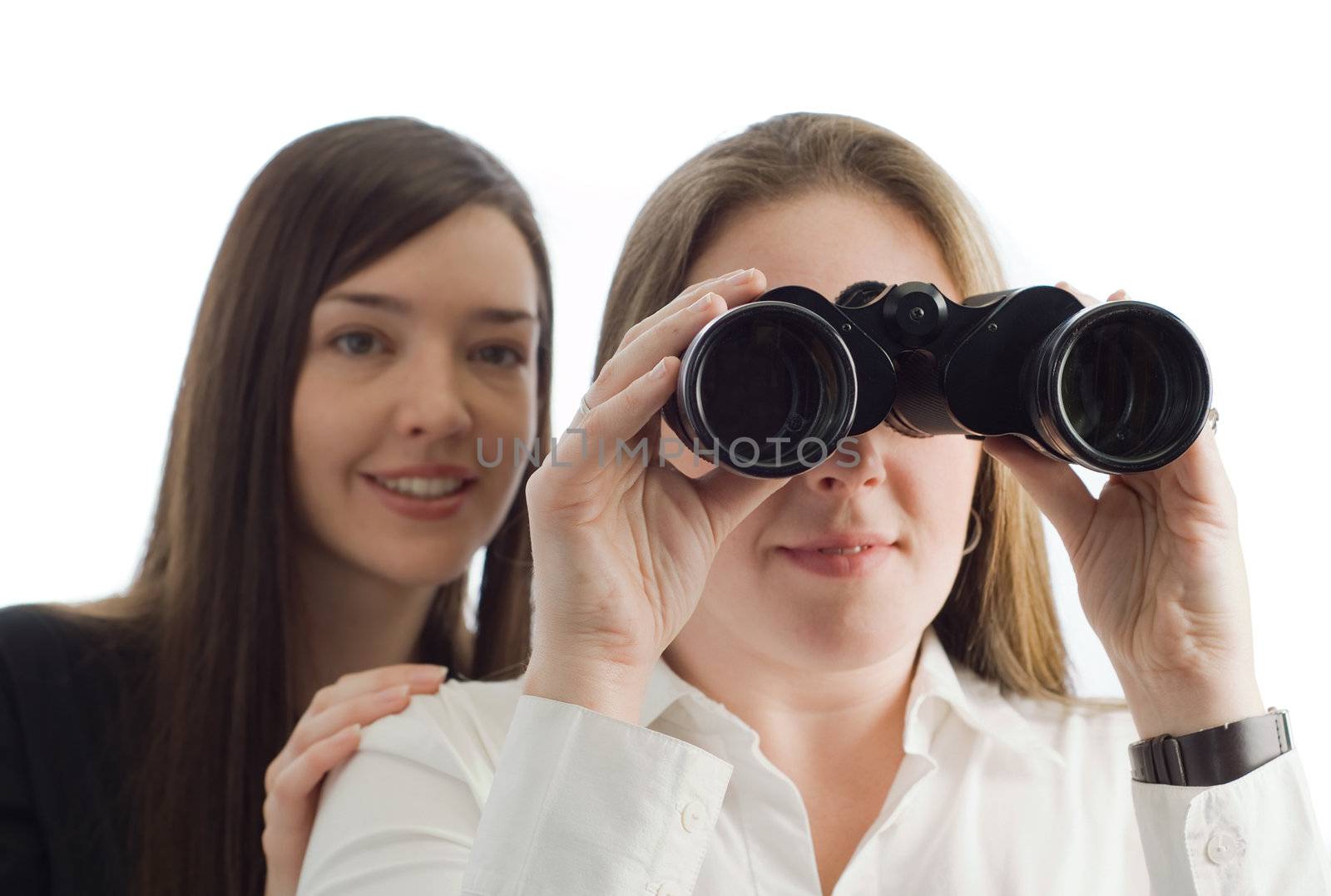 Two business woman strategists with binoculars