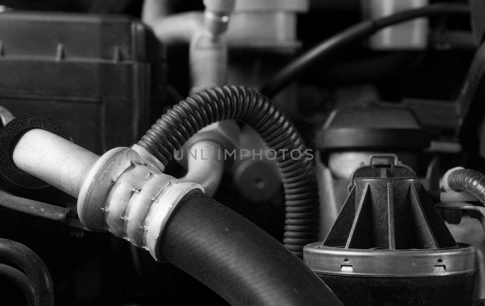 Car engine hose and parts diy maintenance concept theme in black and white