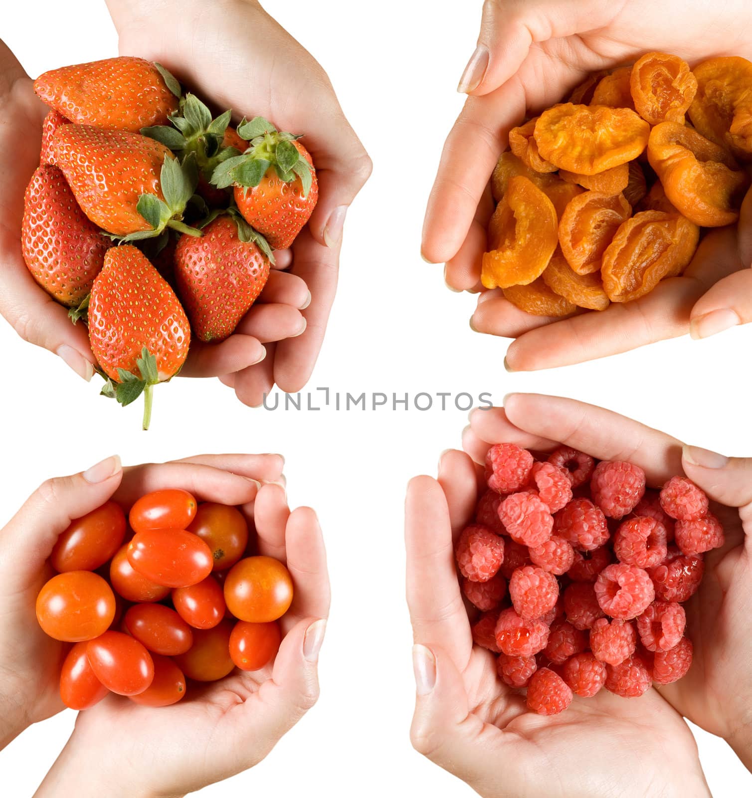 Chef or cook woman composite hands with strawberries, raspberries, apricots and tomatoes