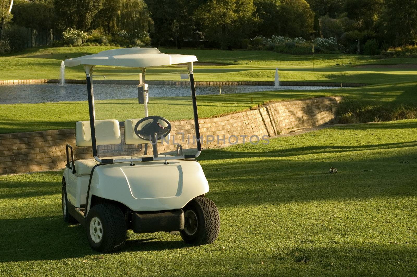 Golf caddie car or cart and putting green next to water hazard or dam