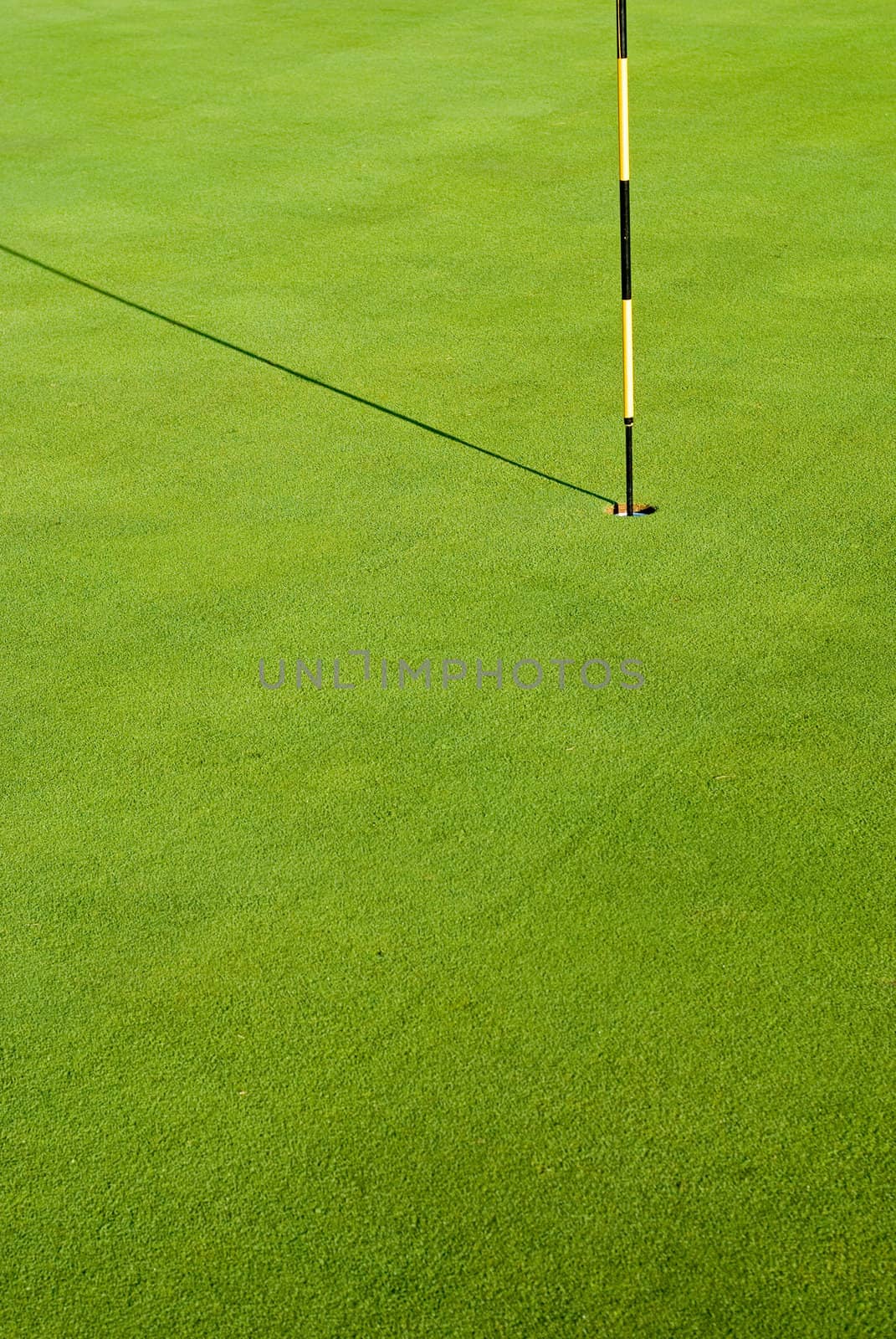 Striped golf flag in green hole with morning shadow on grass