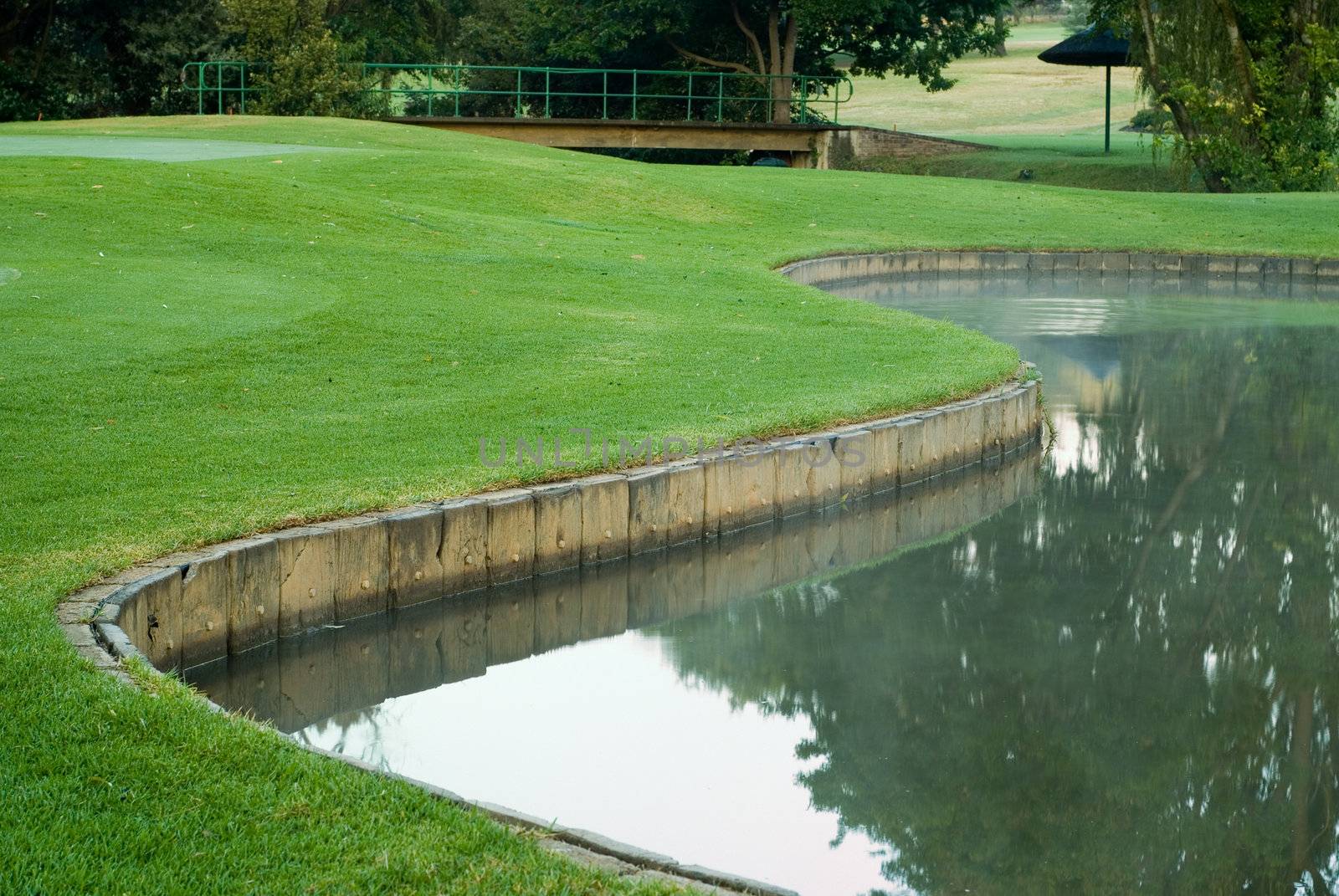 Golf putting green and water hazard pond