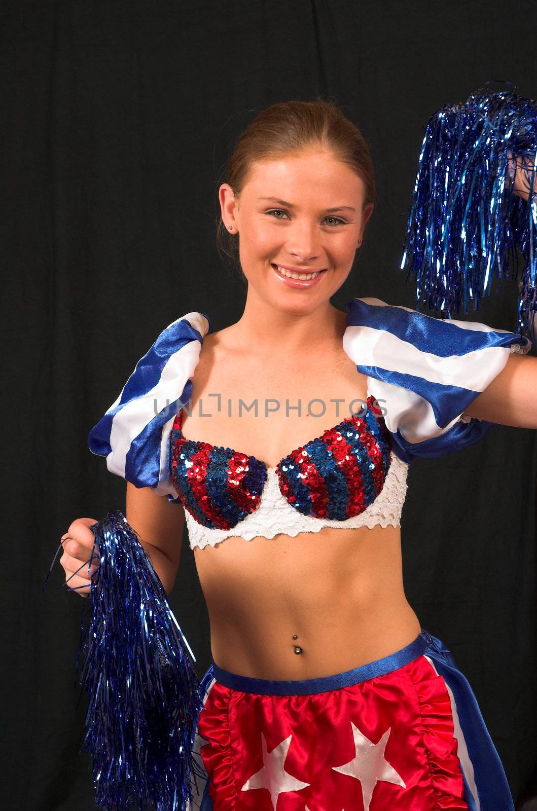 Prom Queen Cheerleader with American flag clothing and tassles