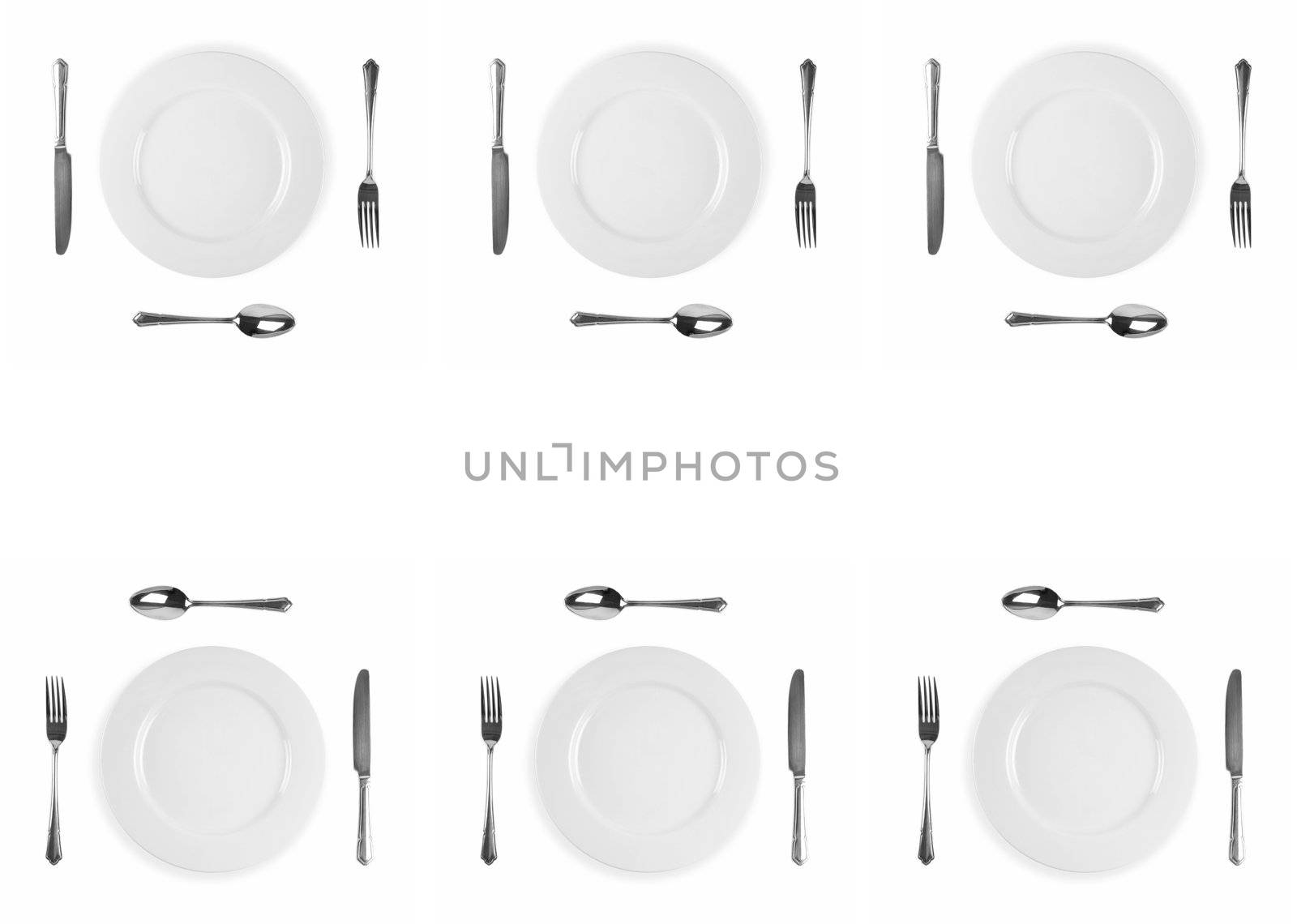 Image composite of six plate cuterly setting with knife, fork, plate and spoon