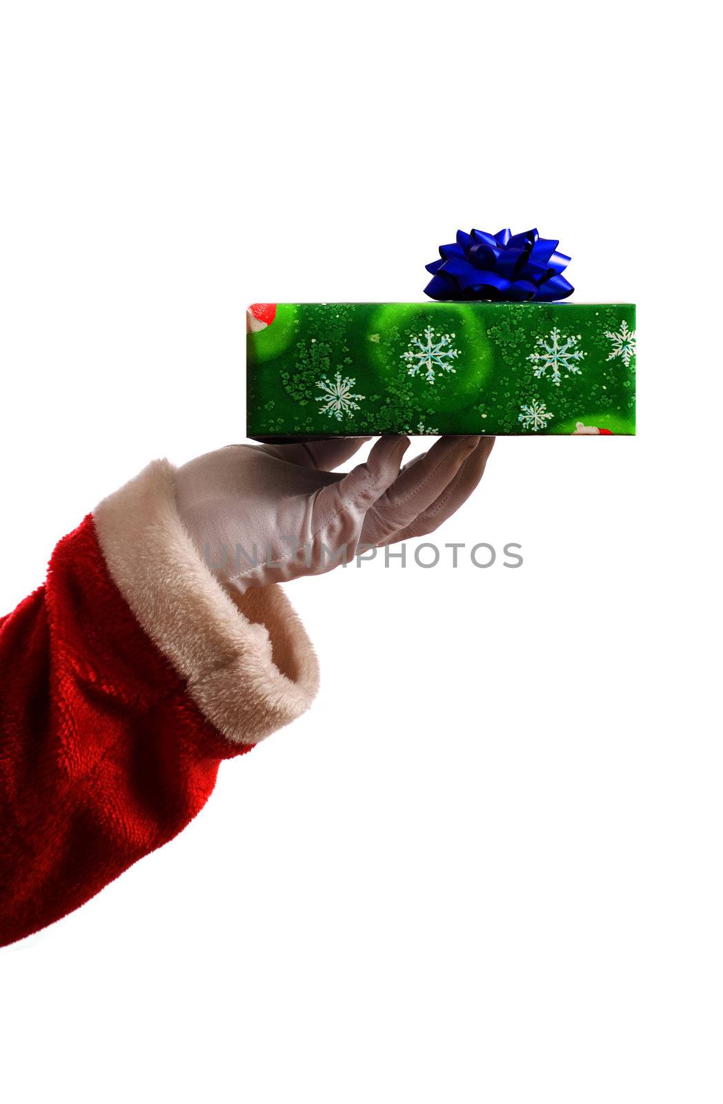 Santa Claus Father Christmas hand with wrapping paper present and blue star ribbon decoration