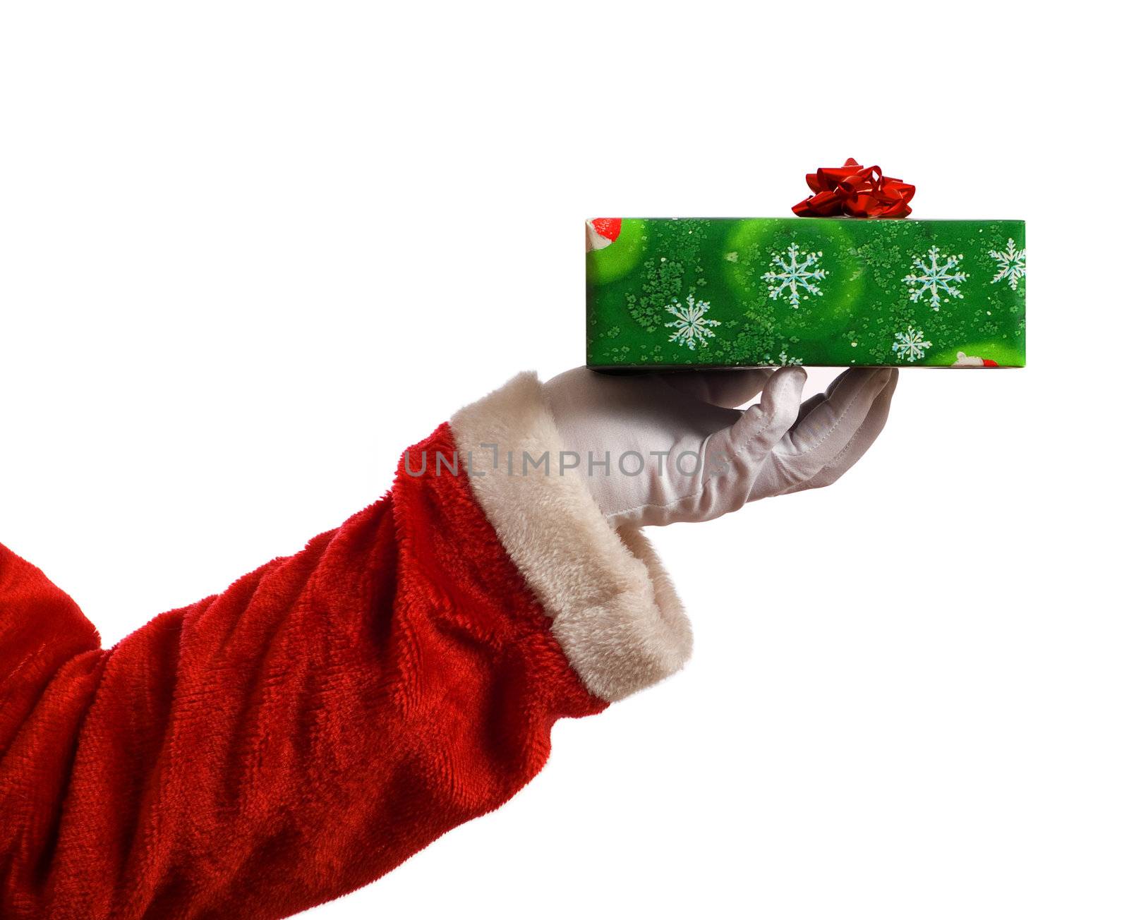 Santa Claus Father Christmas hand with wrapping paper present and red star ribbon decoration