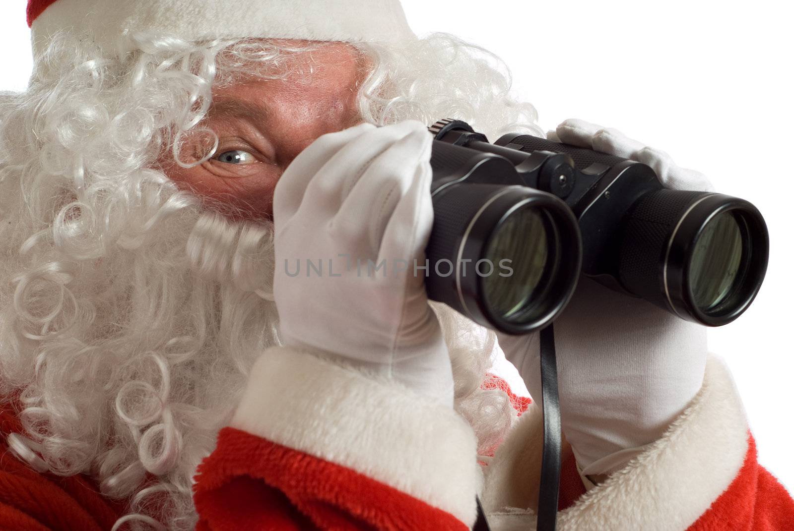 Father Christmas with a jolly look in his eye and binoculars