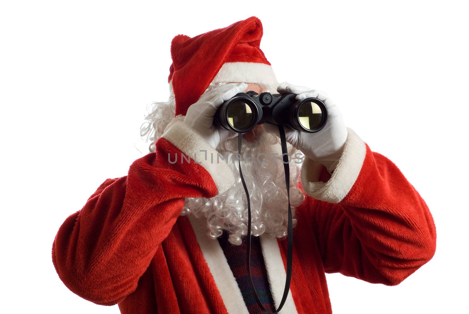 Father Christmas looking at the future business strategy with binoculars to the front