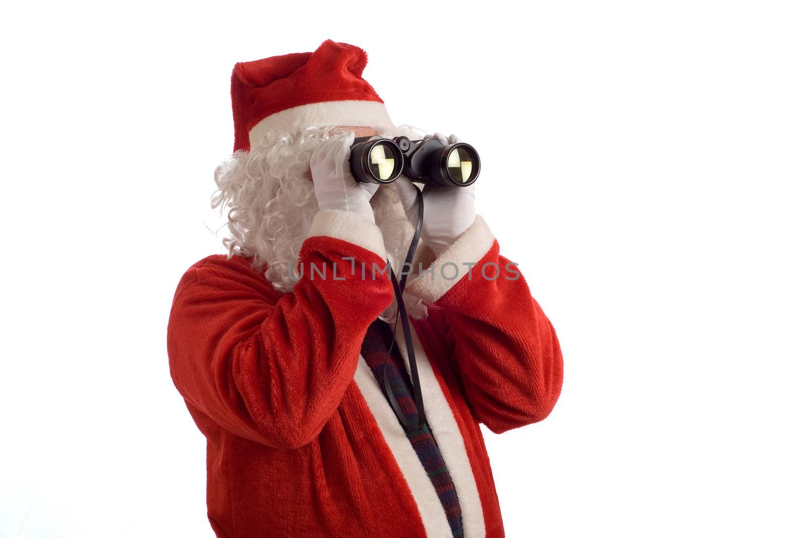 Isolated Father Christmas looking at the future business strategy with binoculars to the right