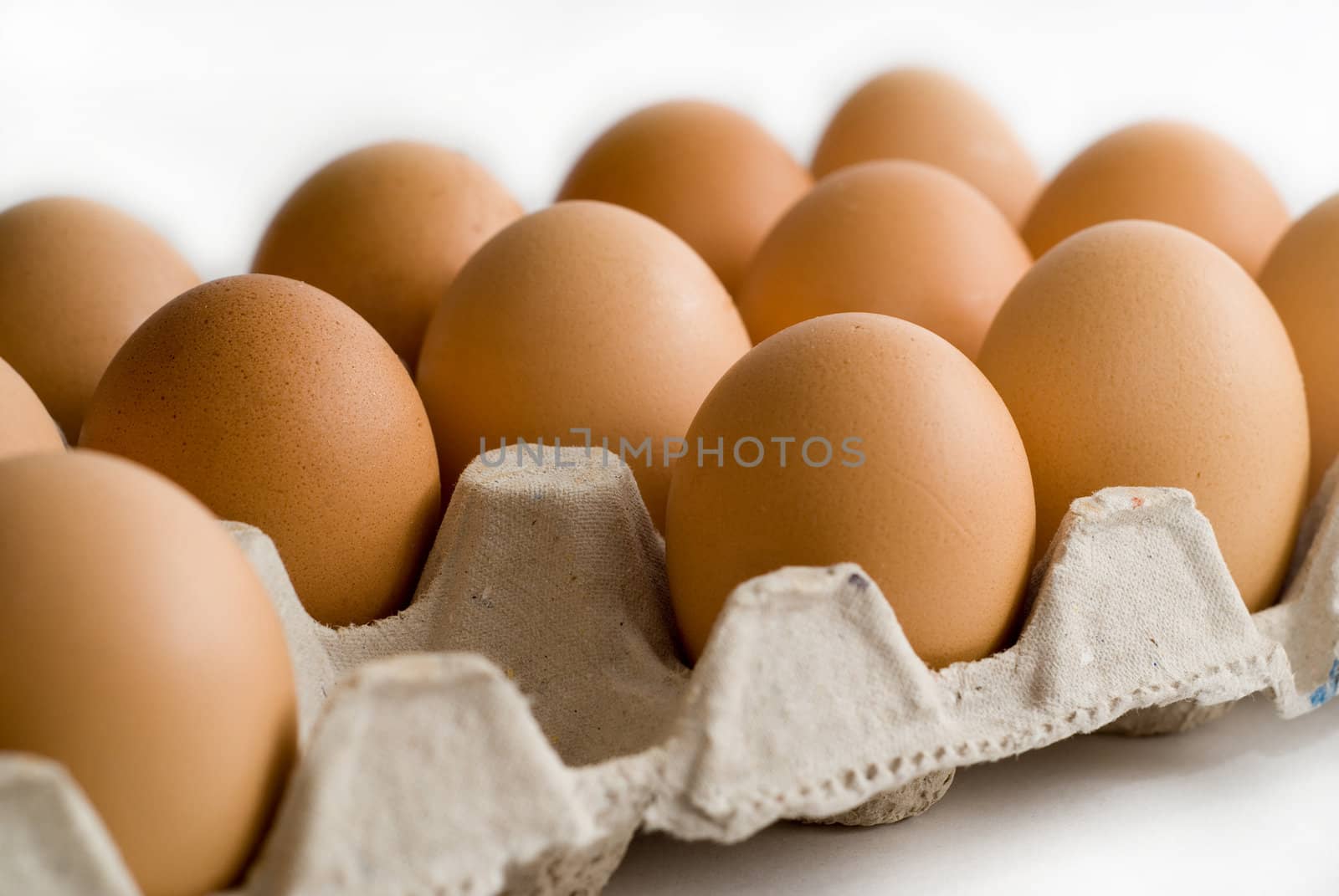 Row of eggs in box - top down view - One egg missing