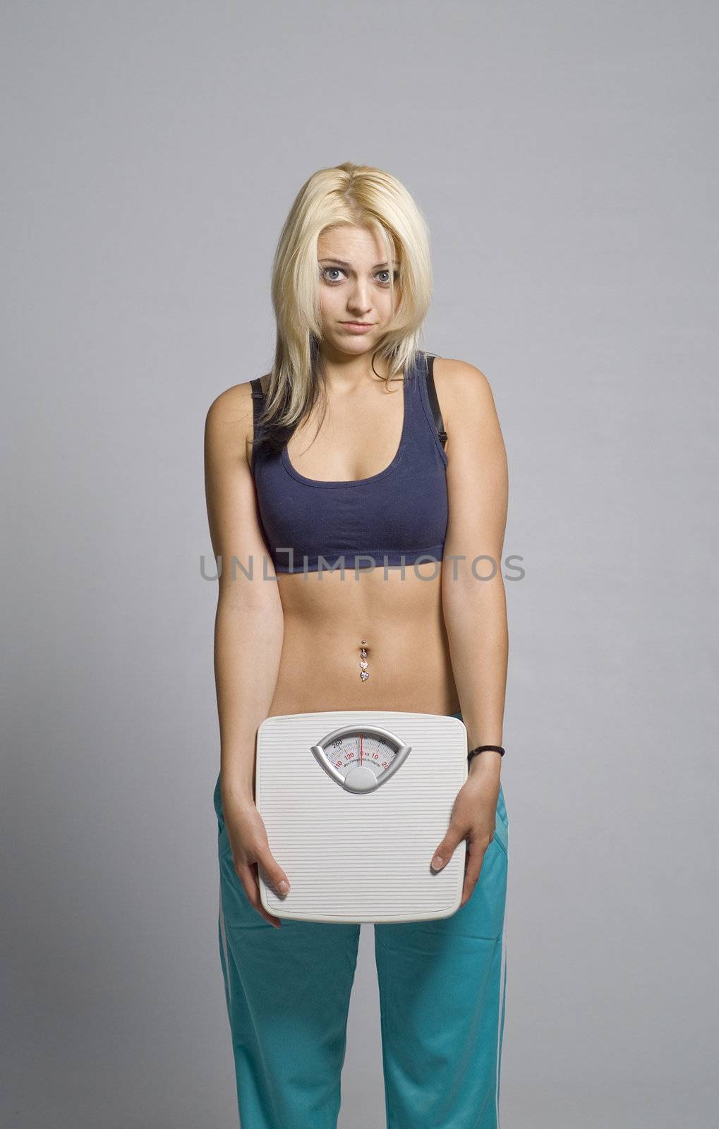 Sad woman unhappy or depressed with weight slimming scale