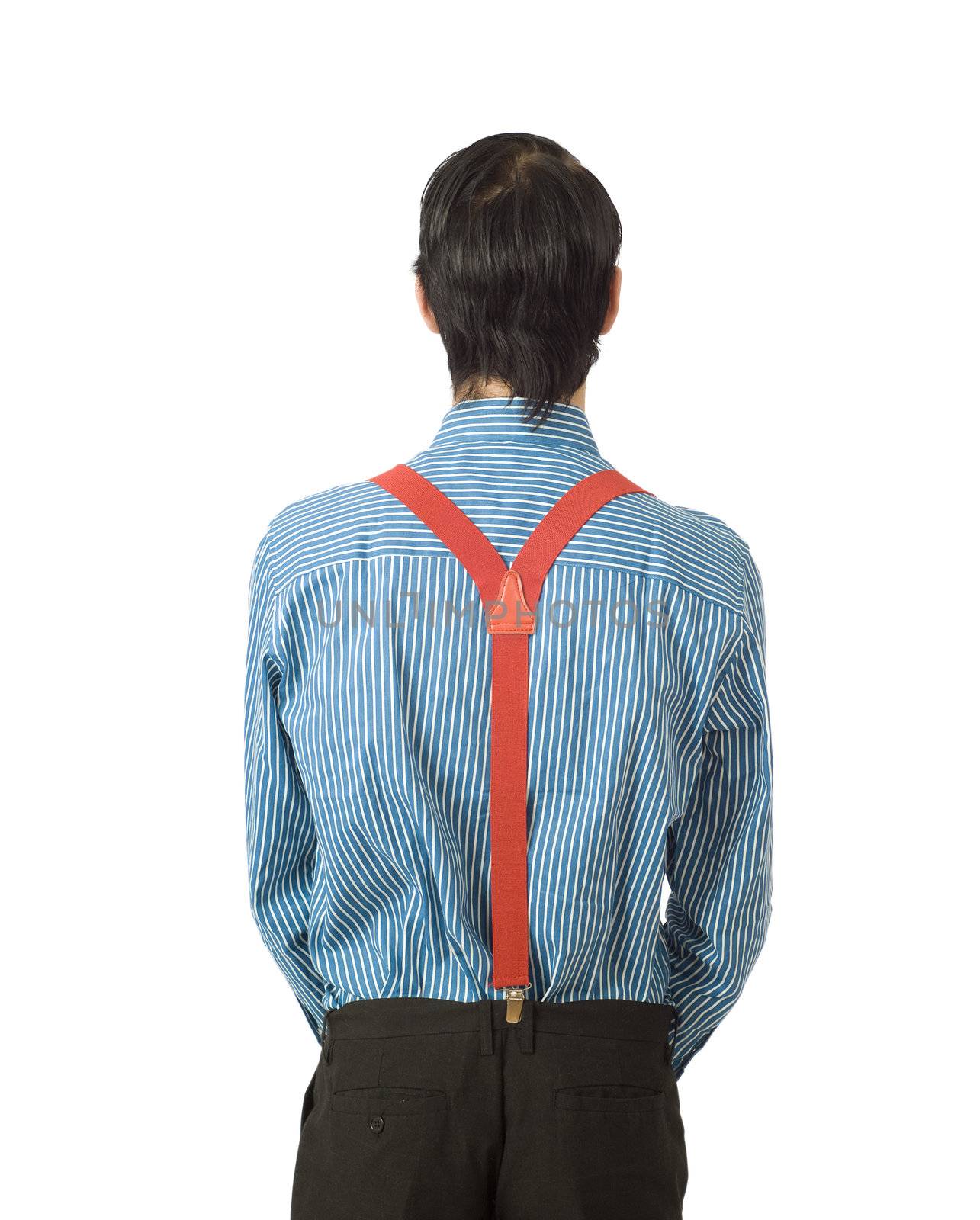 Back of Nerd businessman manager with blue shirt and red braces from the back on white