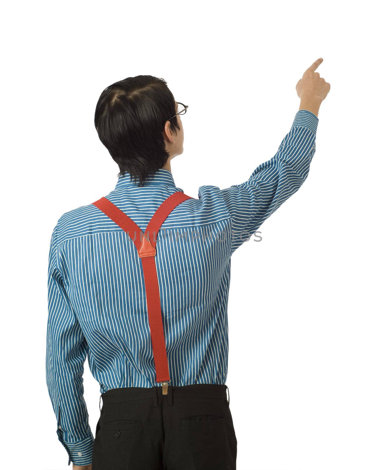 Back of pointing nerd businessman manager with blue shirt and red braces from the back on white
