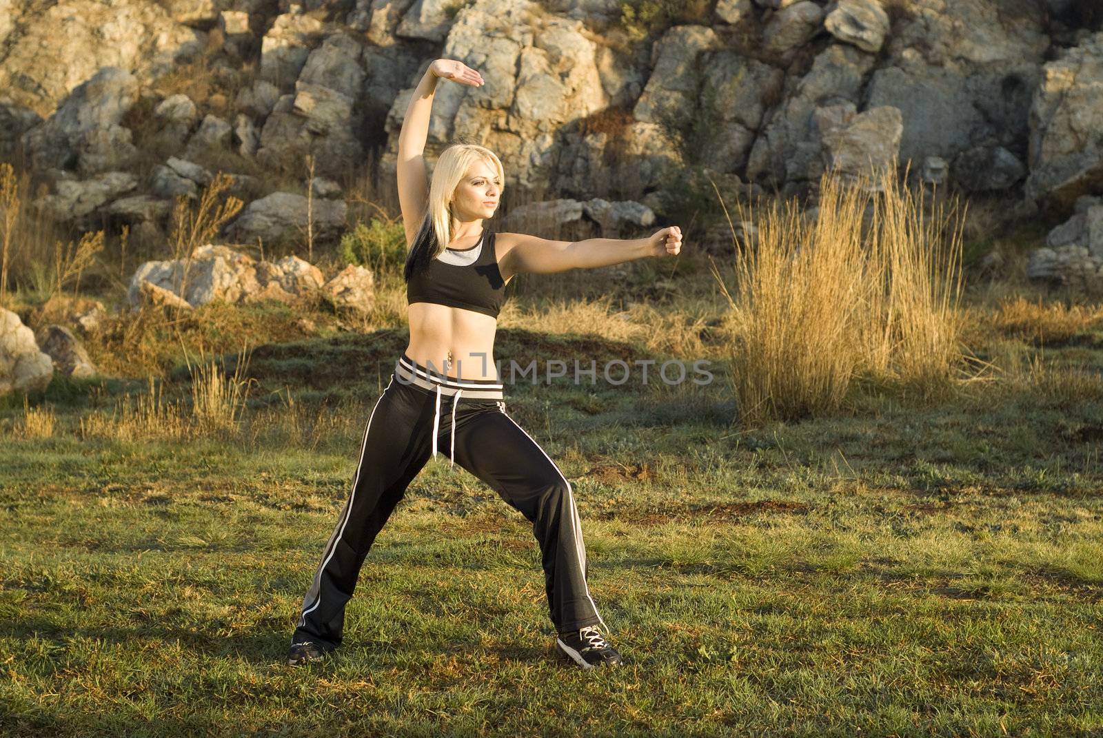 Pretty woman praticing exercise tai chi, kung fu or yoga in natural park with gold light reflector