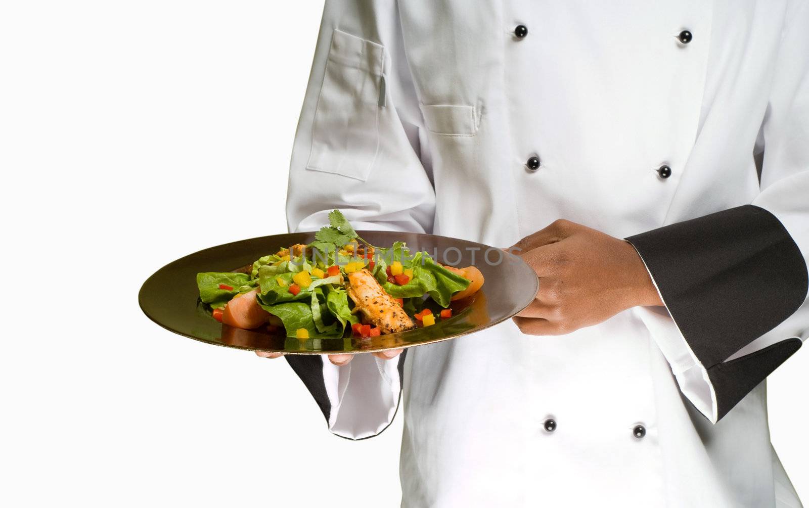 African or American chef presenting heathy food chicken salad