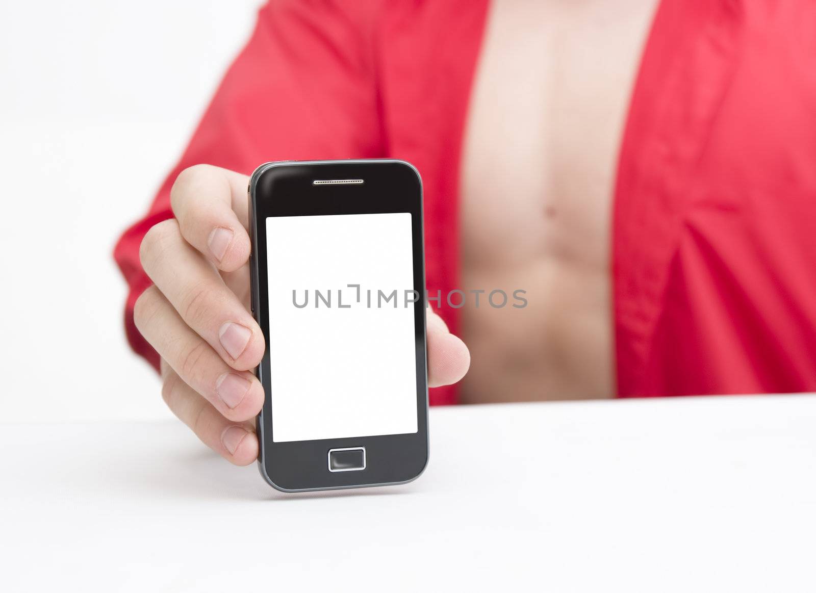 sexy young business man showing mobile smart phone