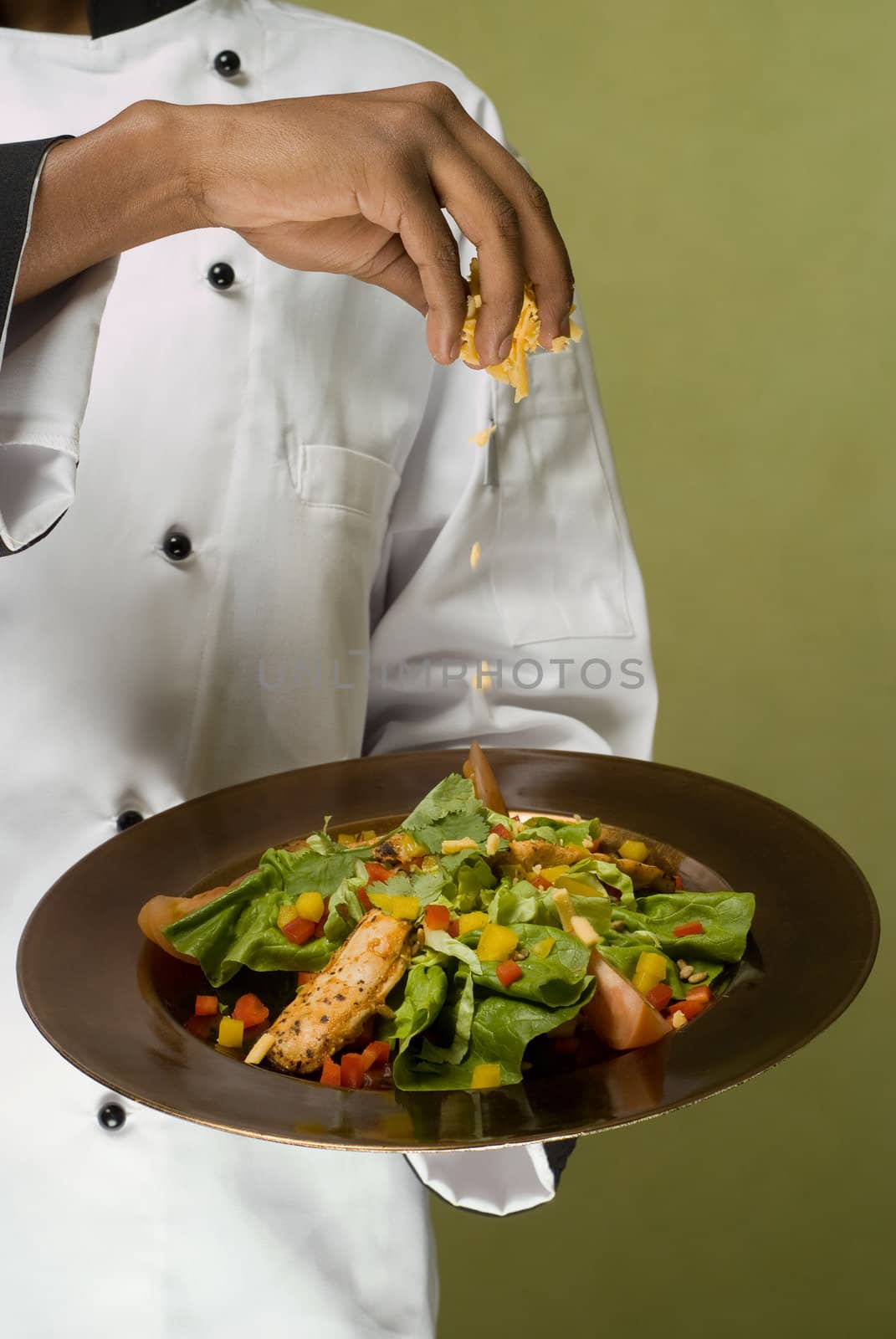 Close-Up of Chef Sprinkling Cheese on  Plate with Healthy Chicken Salad