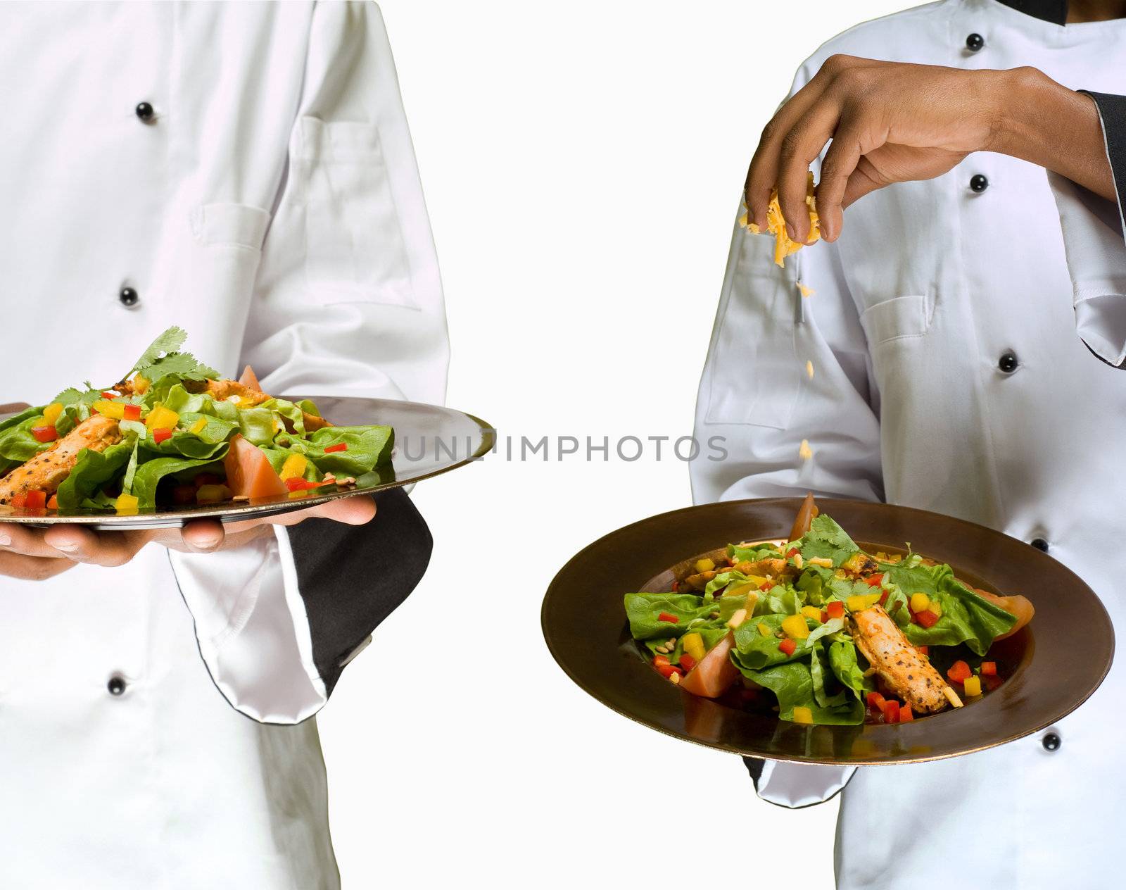 Collage combination of chef sprinking cheese on healthy salad isolated on white