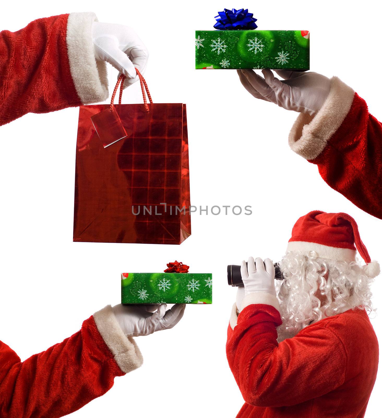 Father Christmas concept composite collage image holding boxes, present package and seeing strategy or vision through binoculars