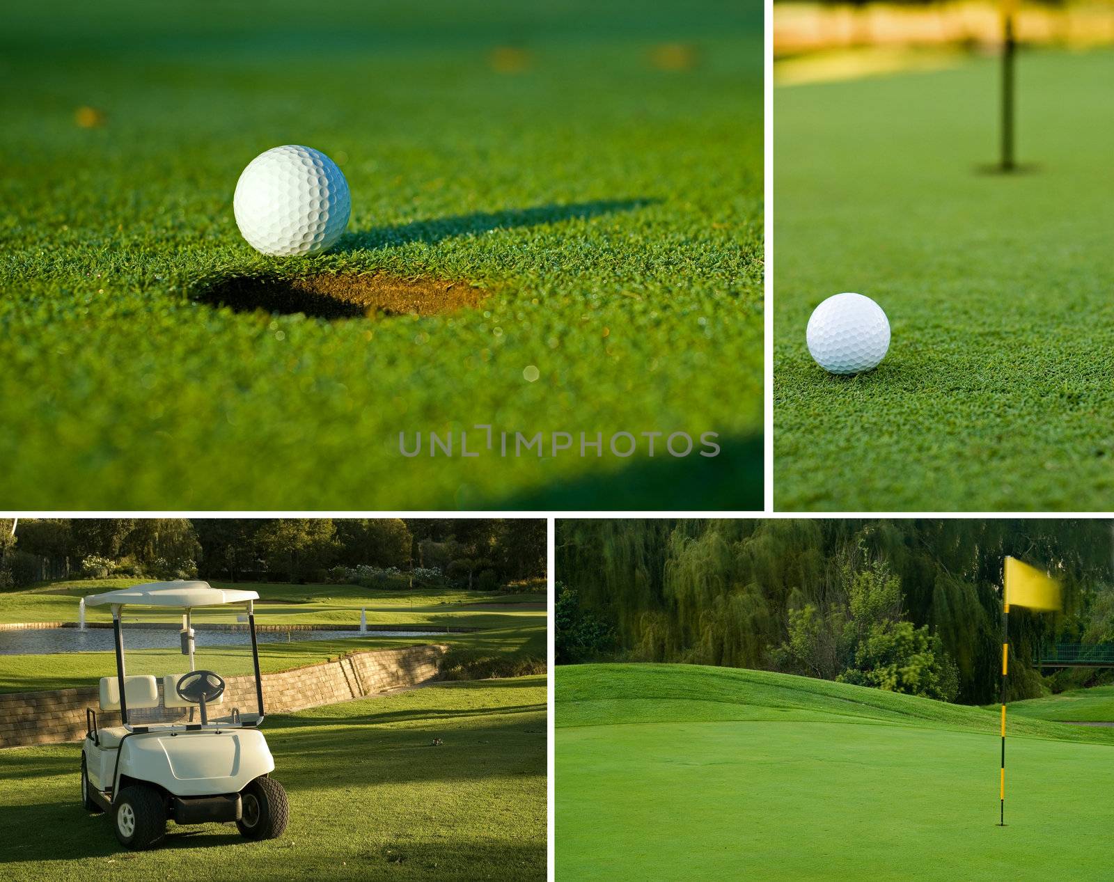 Various golf image collage of white golf ball on putting green next to hole, golf cart and flag