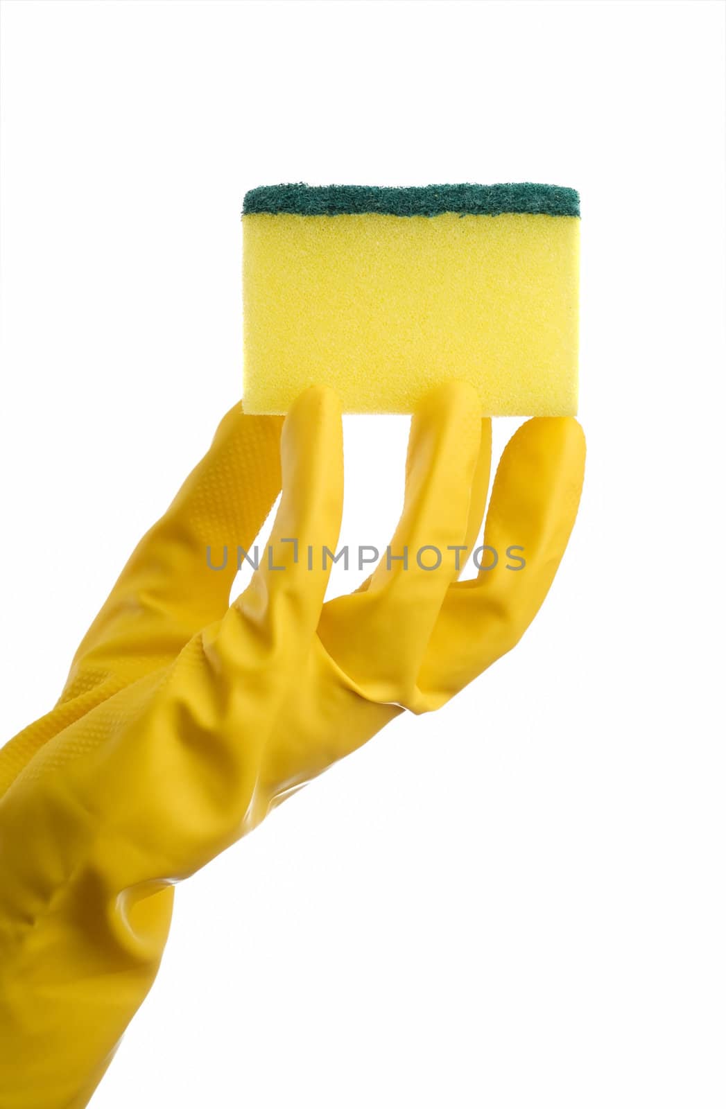 Yellow cleaing sponge and hand in protective glove