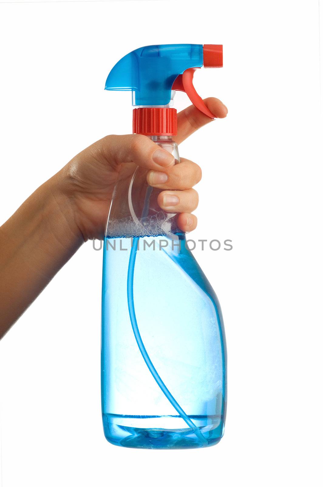 Blue transparent cleaning bottle with janintor or housewife hand