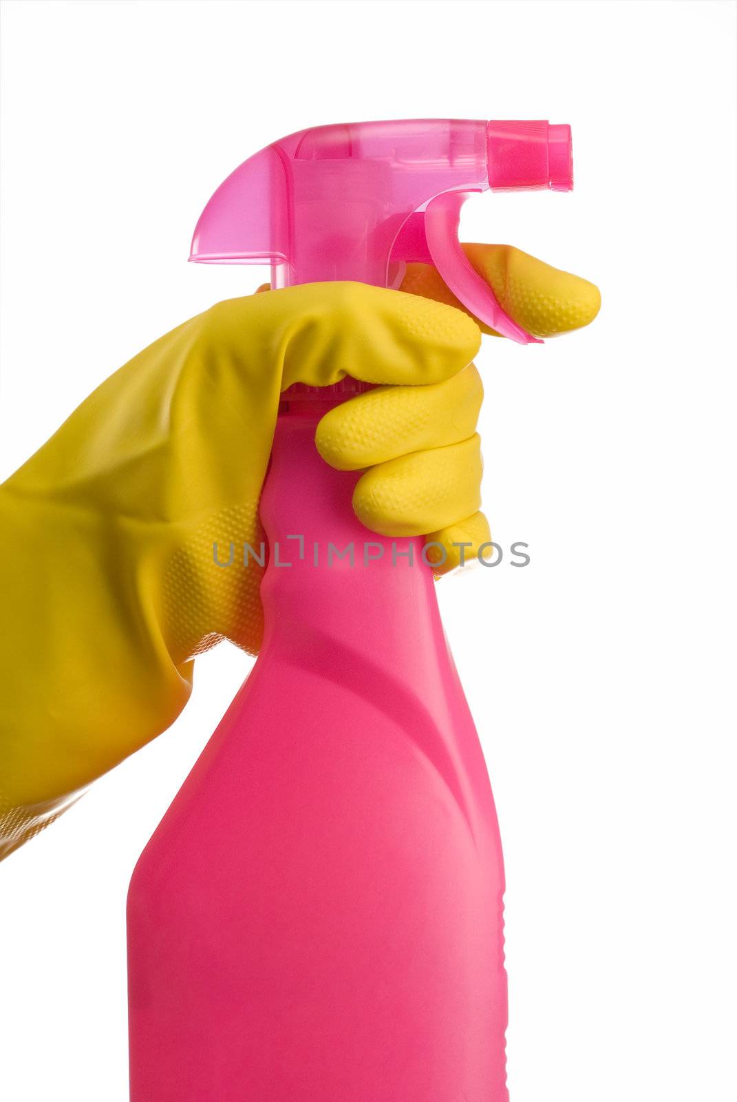 Pink cleaning bottle with janintor or housewife hand in yellow glove
