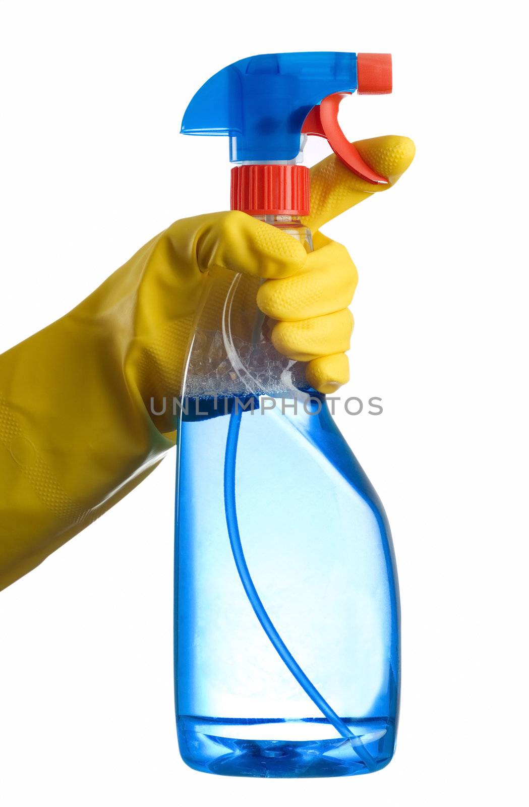 Blue transparent cleaning bottle with janintor or housewife hand in yellow glove