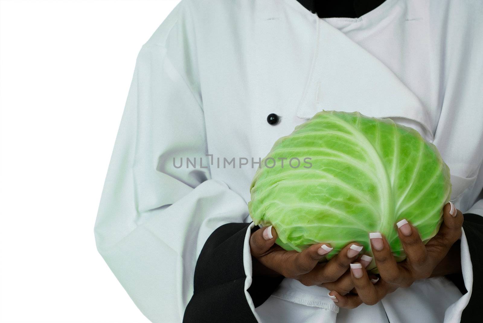 Studio isolated woman female chef with green cabbage on white